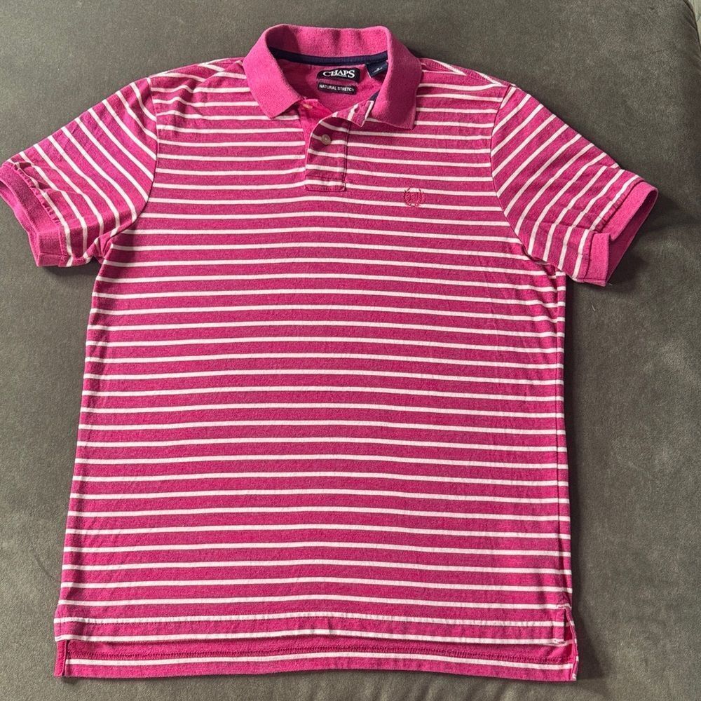 Men’s Chaps Striped Polo Shirt Short Sleeve Pink White Natural Stretch Size M